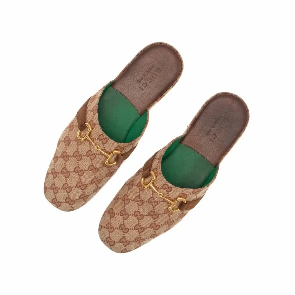 Gucci Men’s Pericle Canvas Monogram Brown Horsebit Slippers Mules 43.5 US10.